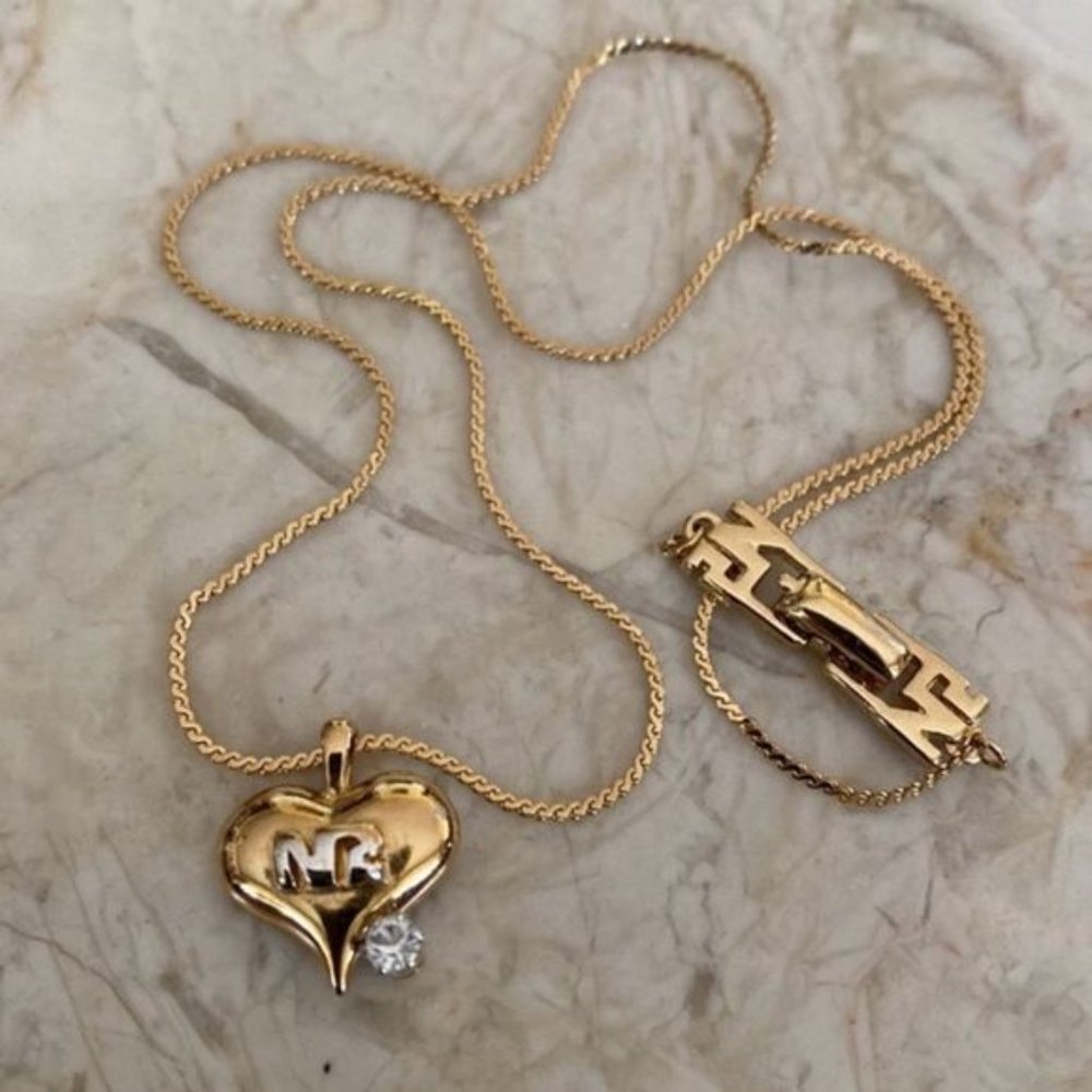 Vintage?Nina Ricci Heart & CZ Necklace 22K Gold Plated